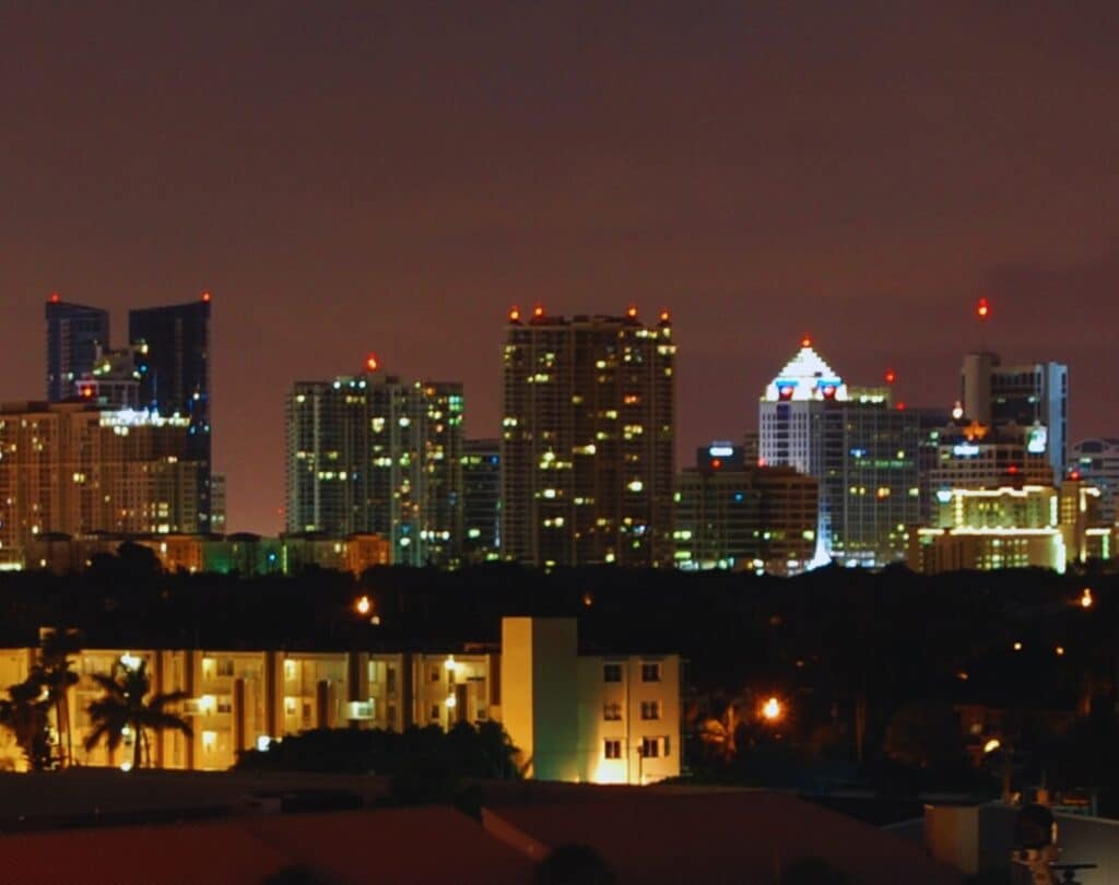 A view of the Fort Lauderdale Skyline at night from the 17th St Causeway, Broward County